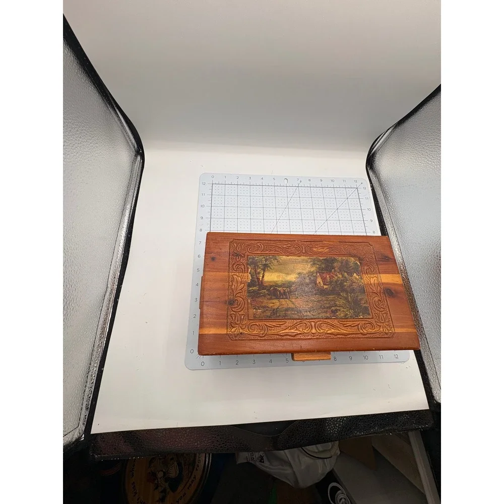 Vintage Cedar Wood Jewelry Box Carved Floral Landscape Mirror Red Lining